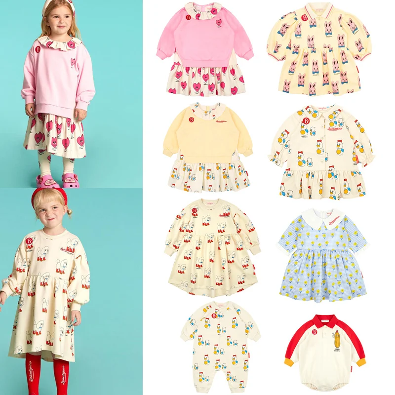 2023 Bebe Корейска рокля за малки момичета, пролетните рокли за момичета с дълги ръкави и анимационни принтом за деца, Ежедневни облекла за сестри