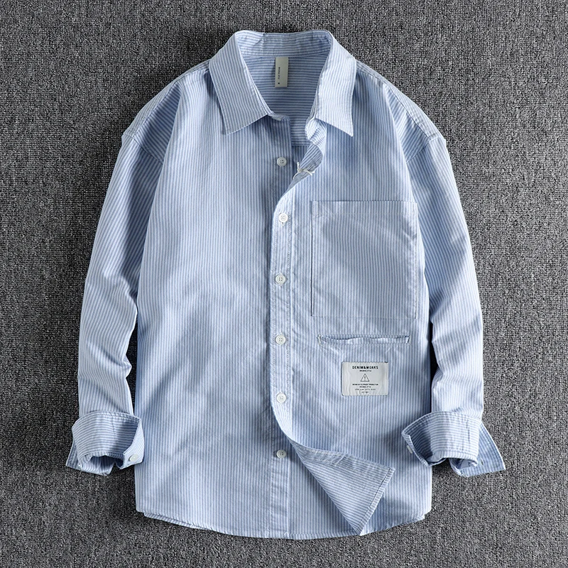 2023 Пролетно новата модерна риза на сини райета, мъжка риза с дълъг ръкав и джоб, ежедневни риза 85