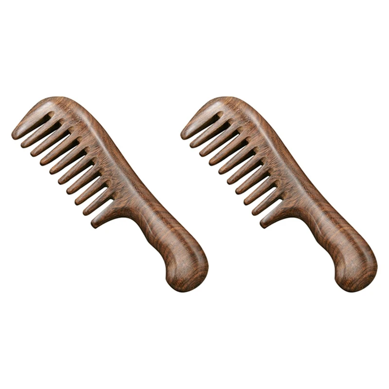 2X Гребен с широки зъбци от сандалово дърво за къдрава коса преносима дървена четка за коса с грубо назъбен за масаж на косата груб