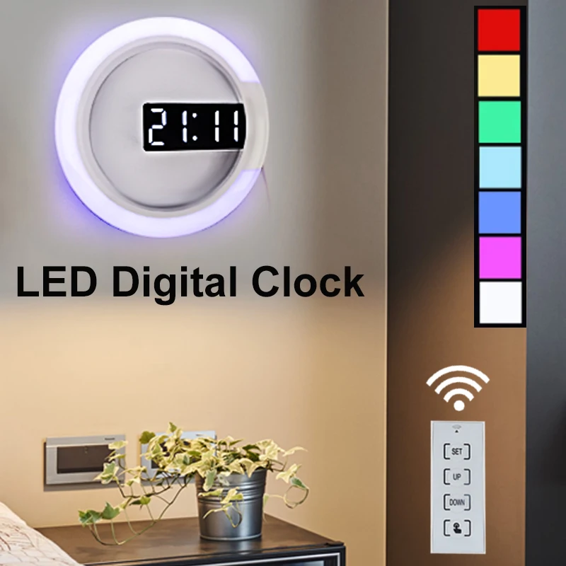 3D монтиран на стената лампа Colock Термометър за дистанционно Управление Цветни led огледално кухи стенен часовник Може да превключите в 7 цвята Часовници за домашно стая