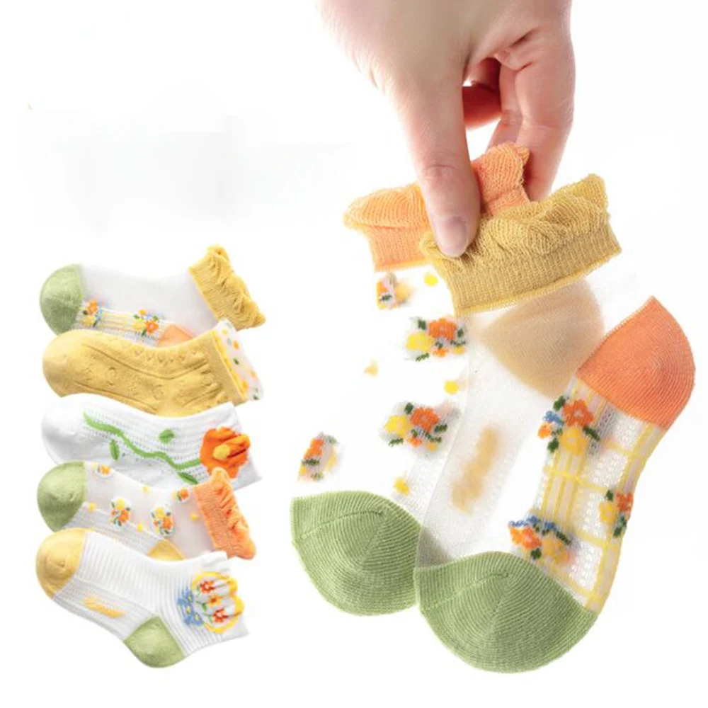5 двойки/лот, чорапи за малки момичета, мрежести къси пролетно-летните детски чорапи с цветен модел