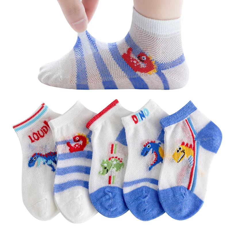 5 Чифта детски чорапи за момчета и момичета, летни чорапи за деца, cartoony динозавър, еластични къси мрежести памучни аксесоари от 1 до 12 години