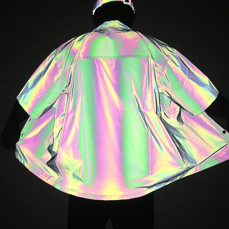 ABOORUN, мъжки модни светлоотразителни ризи 3 м в стил хип-хоп, цветни свободни ризи с къс ръкав за мъже