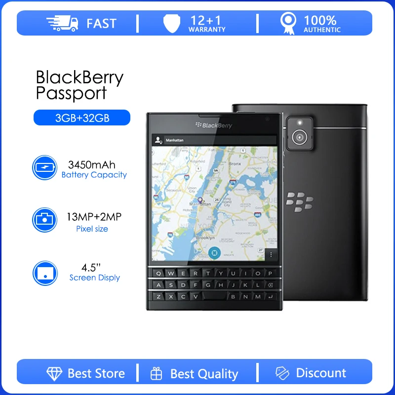 Blackberry Паспорт Q30-3 Рециклирани-Отключени Четириядрен LTE 4G 3 GB оперативна ПАМЕТ, 32 GB ROM 13.0 MP Мобилен телефон BlackBerry OS Безплатна Доставка