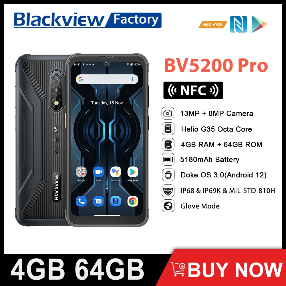 Blackview BV5200 Pro 4 GB 64 GB 13-мегапикселова камера ArcSoft Смартфон с восьмиядерным Android 12, трайни мобилен телефон 5180 ма, мобилен телефон с NFC