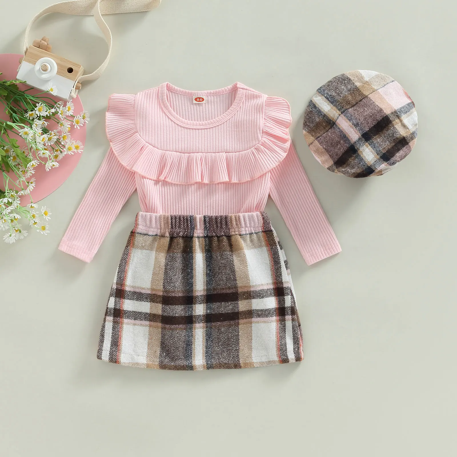 Citgeett/ есенни комплекти пролетни дрехи за Малките момичета, розови блузи с дълъг ръкав и набори + клетчатая пола трапецовидна форма + шапка, през пролетта костюм