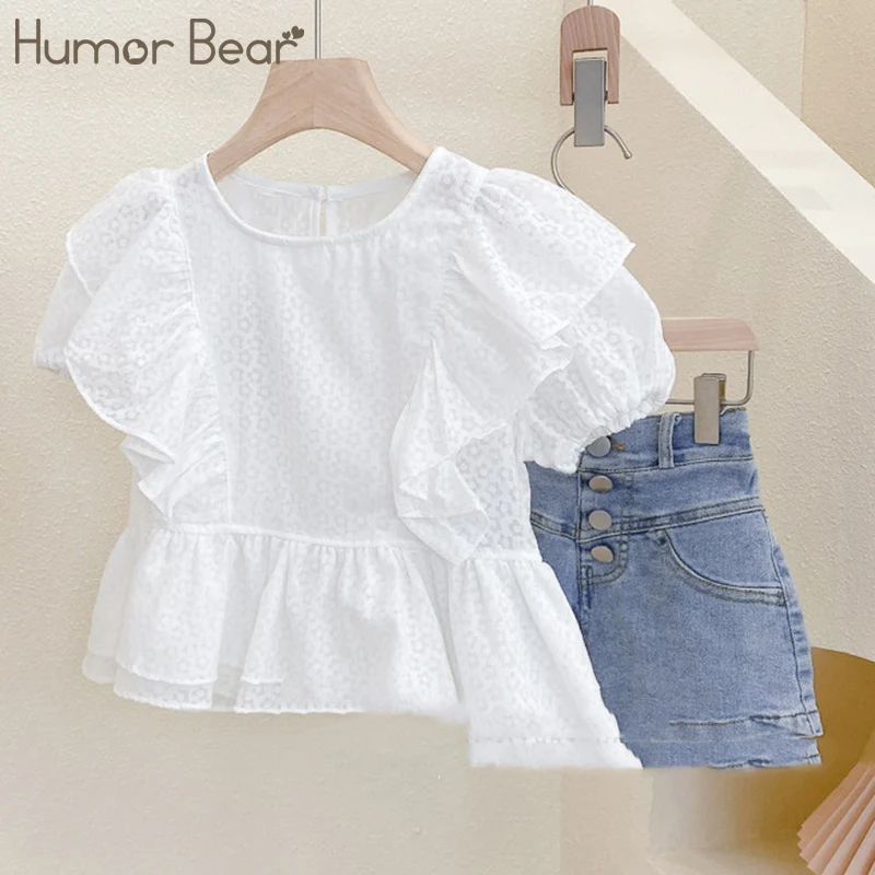 Humor Bear/ 2023, Годишен бял Комплект с къс ръкав + Дънкови къси панталони, Всекидневни комплект от 2 теми, Детски дрехи, Костюм за момичета, Детски дрехи от 3 до 7 години