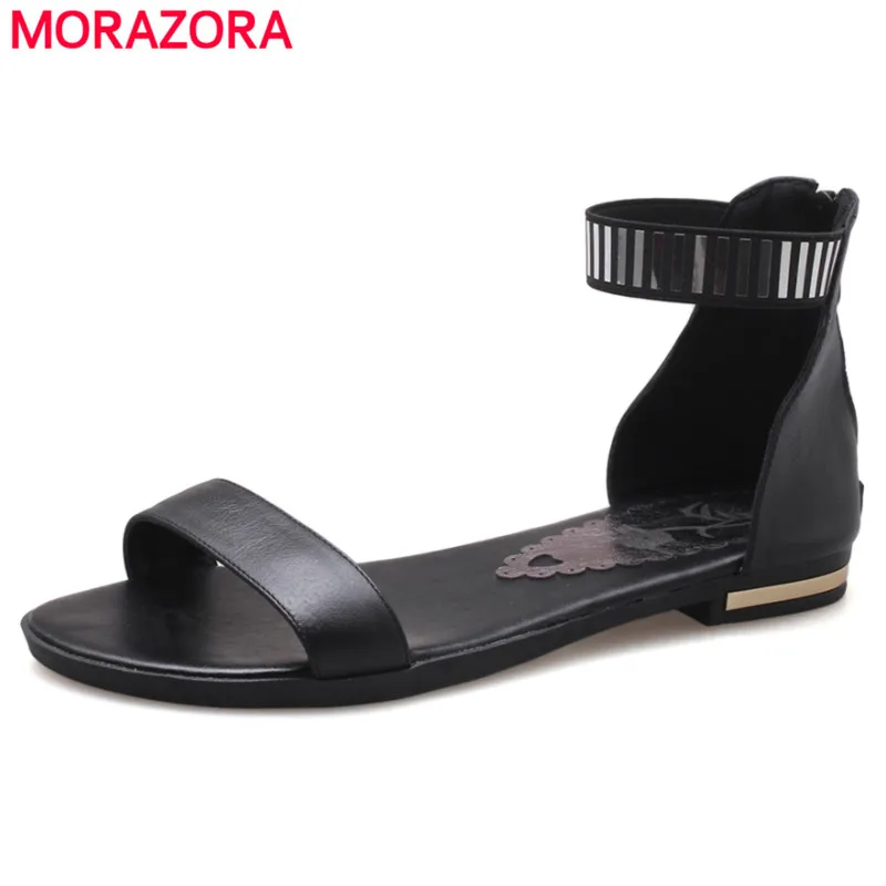 MORAZORA, големи размери 34-46, нови сандали от естествена кожа, дамски летни сандали с цип, черно, златисто-бяло, ежедневни, плажни сандали на равна подметка, търговия на едро