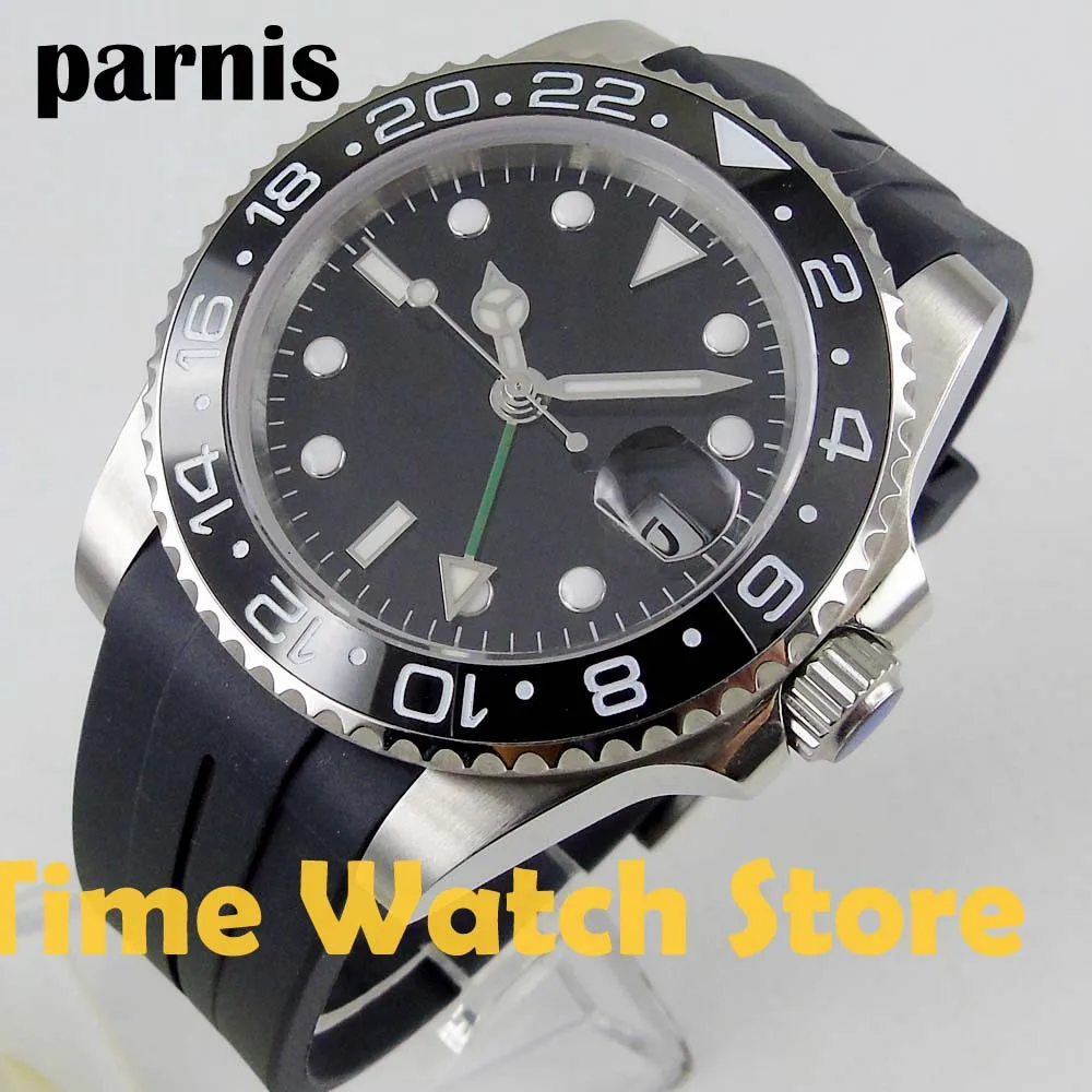 Parnis 40 мм GMT 3804 Автоматично мъжки часовник със сапфир стъкло, водоустойчив Светещи черен циферблат, гумена каишка, керамични bezel