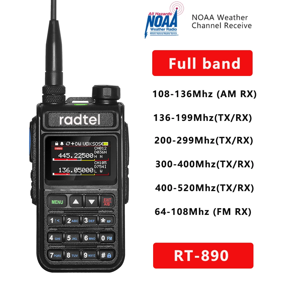 Radtel RT890 136-520 Mhz Полнодиапазонная Ветчинная двустранно радио 999 канала Walky-Талк AM Авиационен Въздушен диапазон Цветен LCD дисплей Police Marine HT