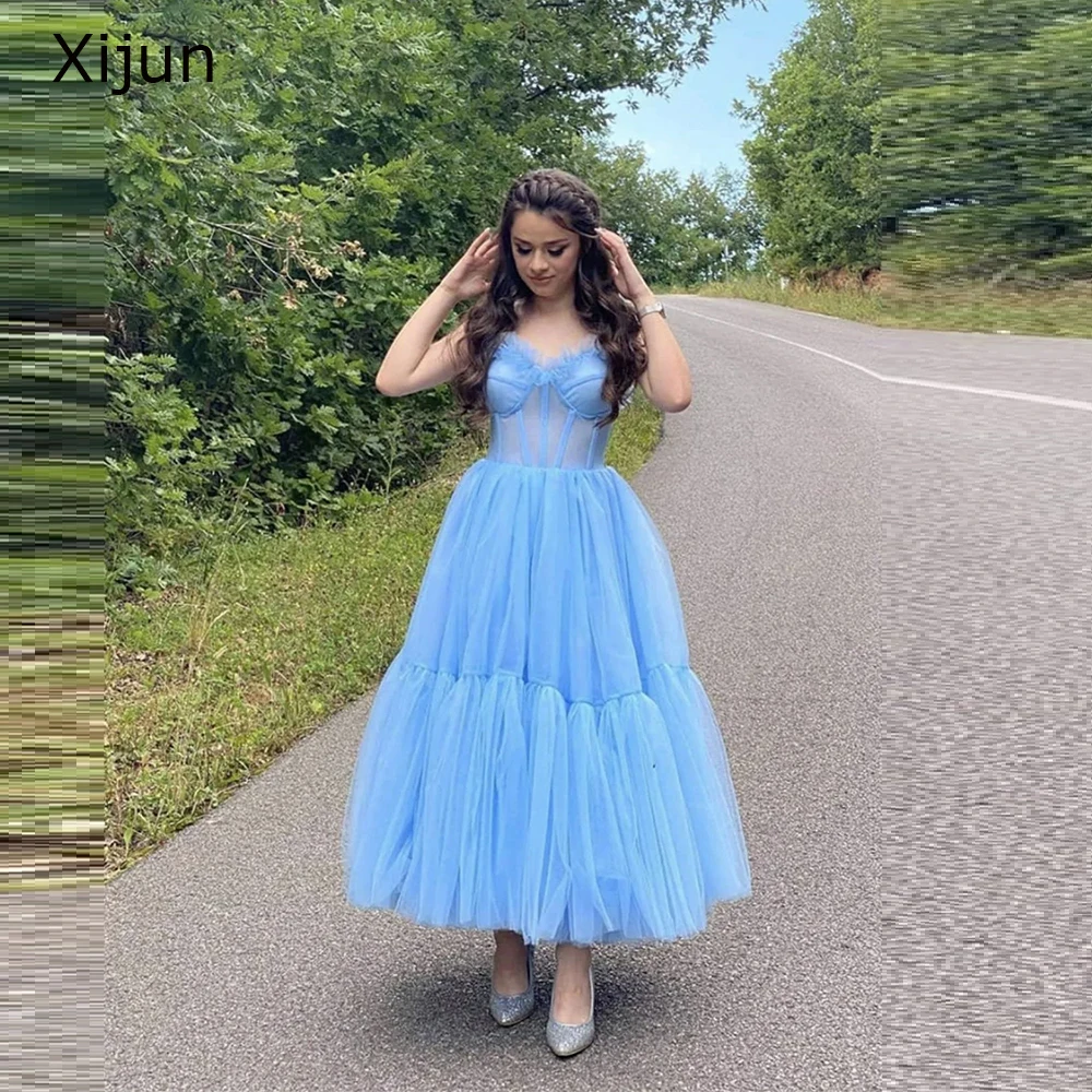 Xijun Небето-Синьо тюлевое вечерна рокля 2023 без ръкави, хубава рокля за Бала с дължина до щиколоток, къса рокля за абитуриентски бал за жените, премяна