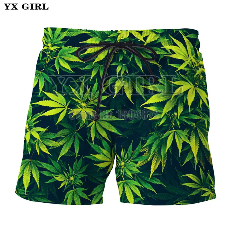 YX Girl/ Нови модни мъжки плажни шорти с 3D принтом канабис, мъжки и дамски ежедневни панталони с един зелен лист, ластични шорти за бягане, градинска облекло за фитнес