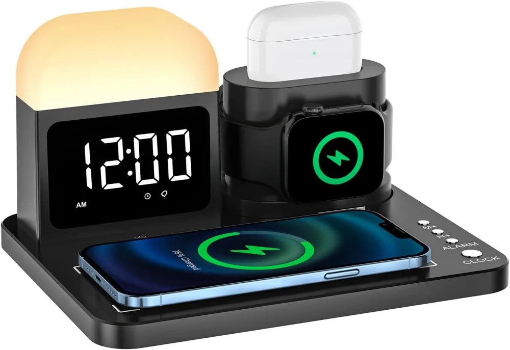 Безжична зарядно устройство с мощност 20 W, за Няколко устройства, Будилник, нощна светлина За iPhone iWatch/AirPods, Бързо Безжично Зарядно Устройство