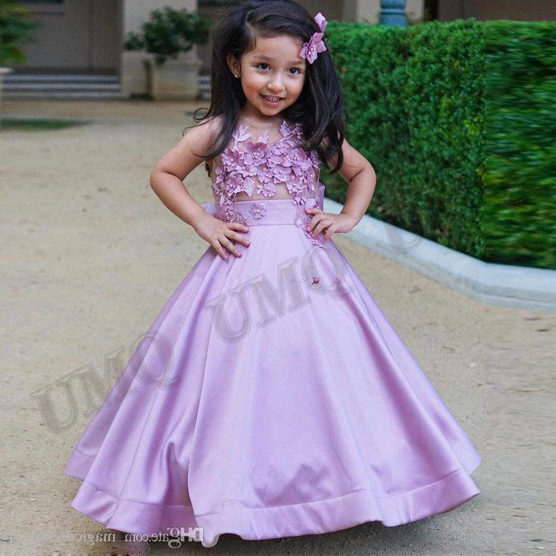 Виолетовият сладка рокля с цветя модел за малките момичета за рожден ден, дантелени апликации, перли, сватба парти, модно ревю, Първо причастие