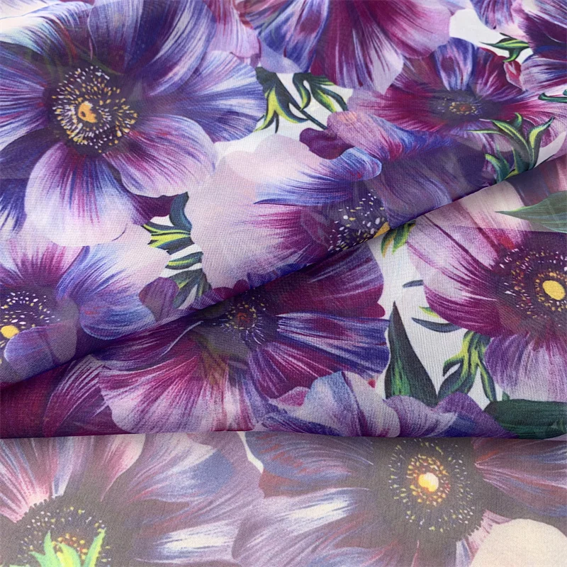 Висококачествен полиестерен шифоновая плат с лилаво цветен модел за рокли-ризи, ръчно изработени, дизайнерски материали 