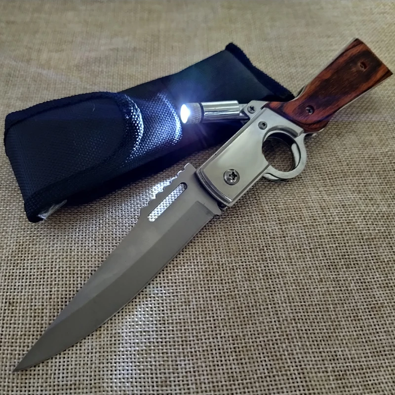 Военно-тактически джобен нож, Сгъваем Нож от Стомана 5Cr17 Бойни Туристически Ловни Ножове за оцеляване с дървена дръжка EDC Джобен нож