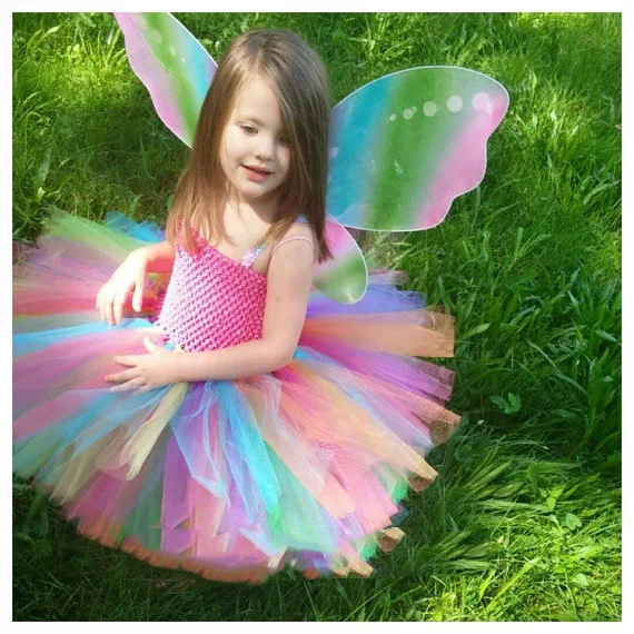 Дъга рокля-пакет за момичета, детски вязаное на една кука 2 слоя, фатиновое рокля, балетные опаковки с крила на пеперуда, детско празнично парти за рожден ден