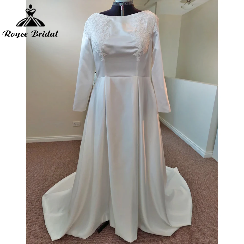 Един прост Елегантен-образно деколте, дълъг ръкав, дантелени апликации, сатен сватбени рокли трапецовидна форма за жени, сватбената рокля Robe De Mariée