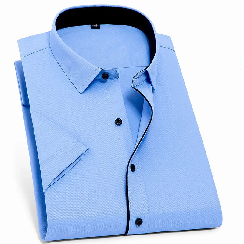 Ежедневна мъжка риза с къс ръкав Slim Fit Дизайн, Стил мъжки социални бизнес ризи Дрехи с високо качество синьо, Черно-бял