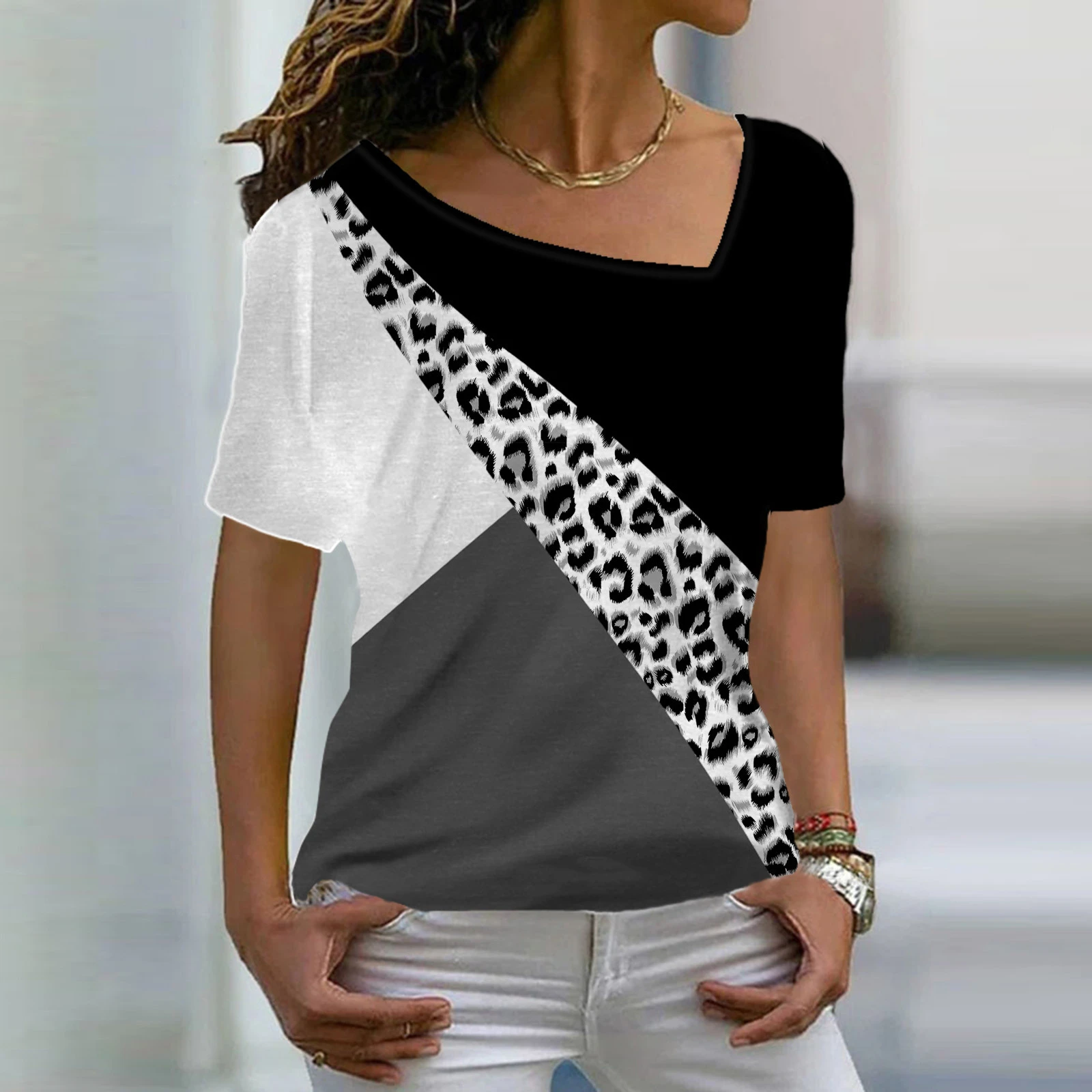 Женска тениска с леопардовым принтом, лятна мода женска тениска с V-образно деколте и къс ръкав, тениски с 3d-модел на тон, като топ в стил харадзюку