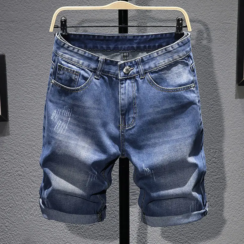 Летни стегнати мъжки дънкови къси панталони 2023, Бизнес Ежедневни Модни Свободни Разтеглив Универсални Дънки, Мъжки къси панталони от Висок клас Q346