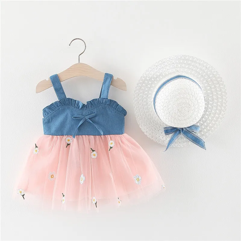 Лятна Детска облекло, премяна за рожден ден за малки момичета + шапка, рокля на принцеса от плат деним без ръкави с мрежа за новородени