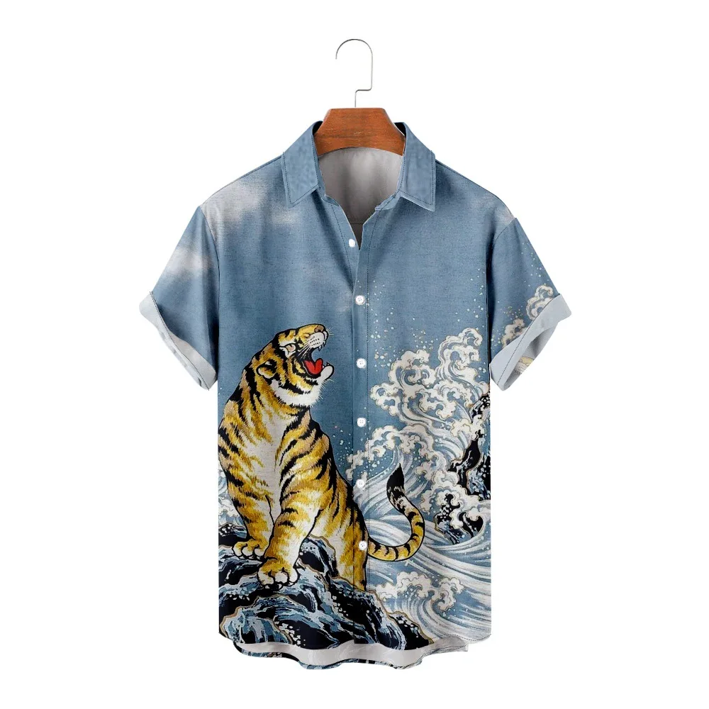 Лятна мъжка Свободна хавайска риза с принтом Тигър, Блузи, Ежедневни Ризи с къс ръкав, Градинска облекло