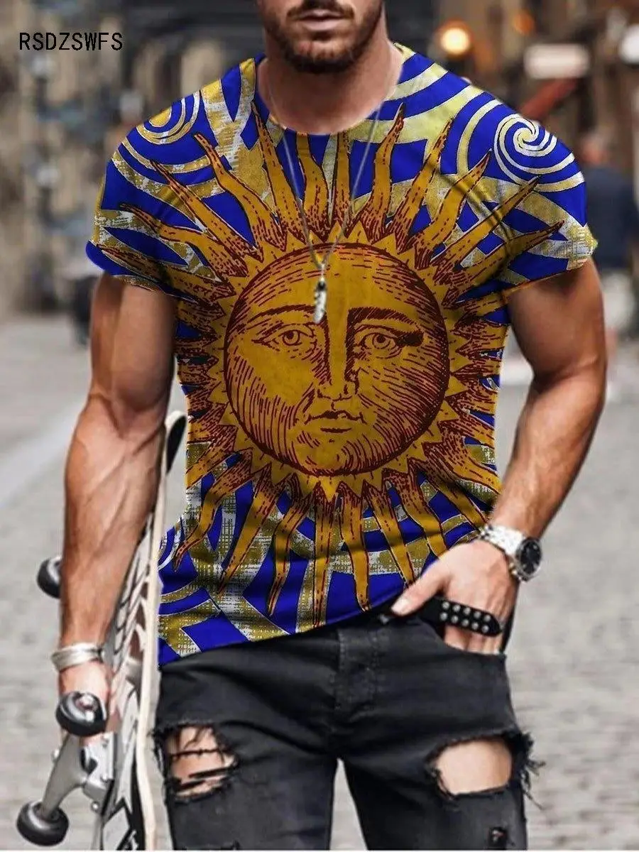 Лятна мъжка тениска с принтом 3D Sun, нередовни модел, ежедневни градинска риза в стил хип-хоп с кръгло деколте и къс ръкав, тениска Оверсайз, дрехи