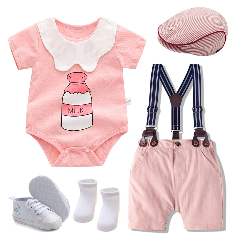 Модерен детски гащеризон с къс ръкав, шапка, Панталони, обувки, 5 теми, детски дрехи, летни дрехи за момичета и момчета 3-36 месеца