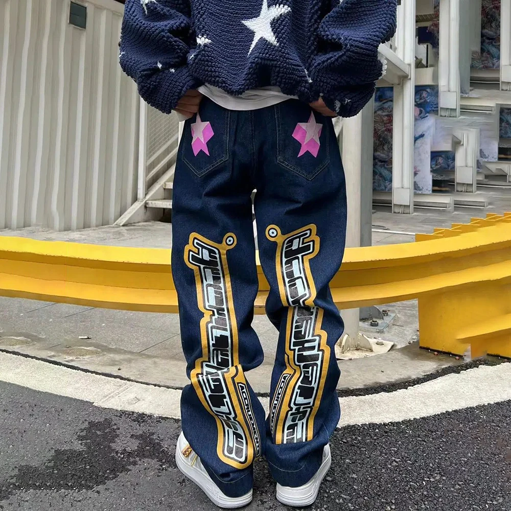 Мъжки дънки с писмото принтом в формата на звезда, американски стил, хип-хоп, свободни многослойни директни модни панталони с ципове, тенденция градинска облекло карго в стил харадзюку