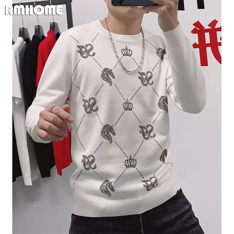 Мъжки Пуловер пуловер, високо качество, планински кристал, дизайн във формата на кон, мъжки възли потници, облекло 2023, Нова мода популярна мъжки дрехи