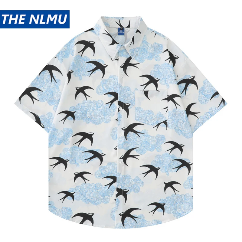Мъжки хавайска риза, лятна градинска облекло в стил хип-хоп, плажна риза Bird Лъки Cloud, къс ръкав, Harajuku, ежедневни риза Алоха, Тънки върхове