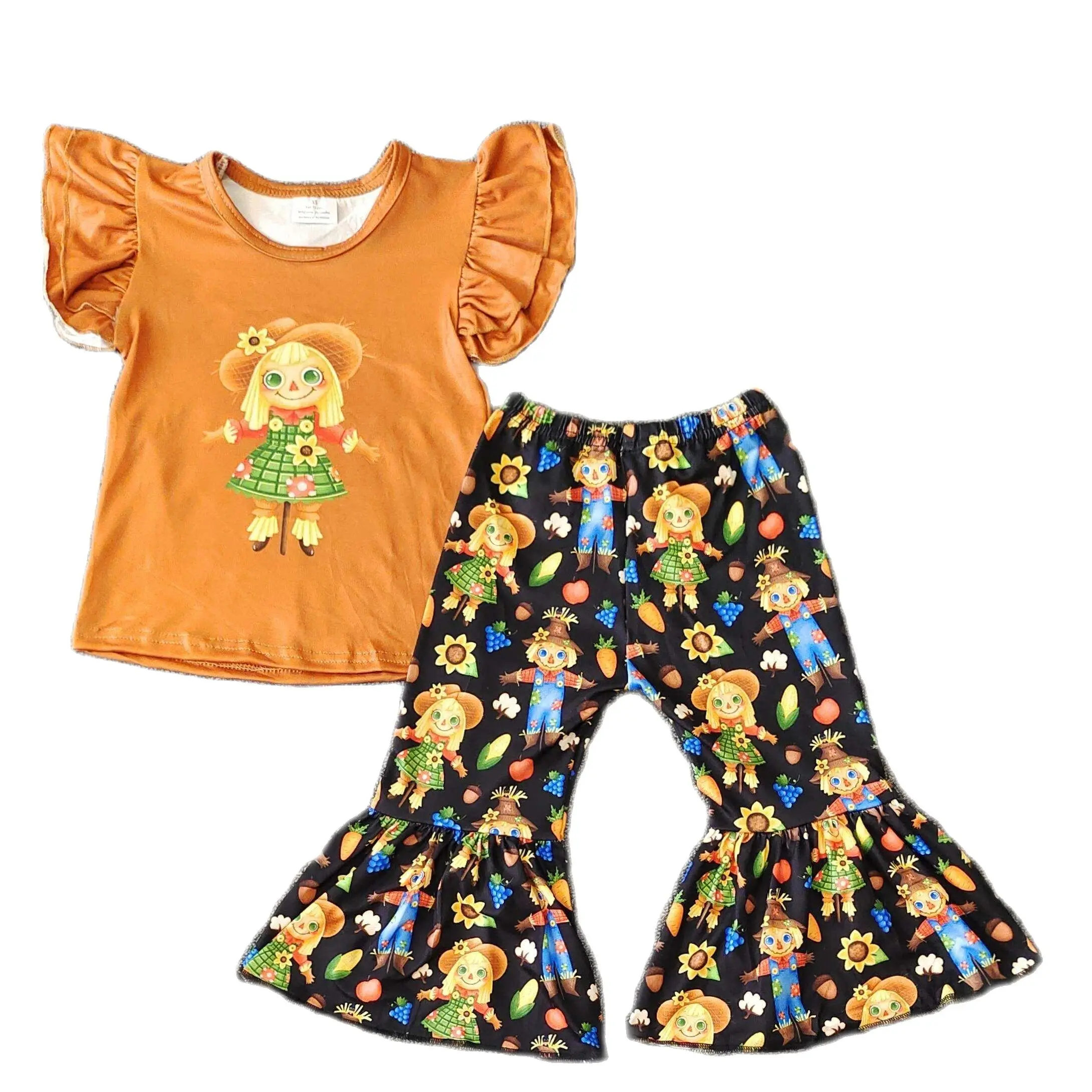 На едро годишният бутик, селска костюм за момичета, оранжево топ с принтом боги, разкроена панталони, комплект сладък детски дрехи