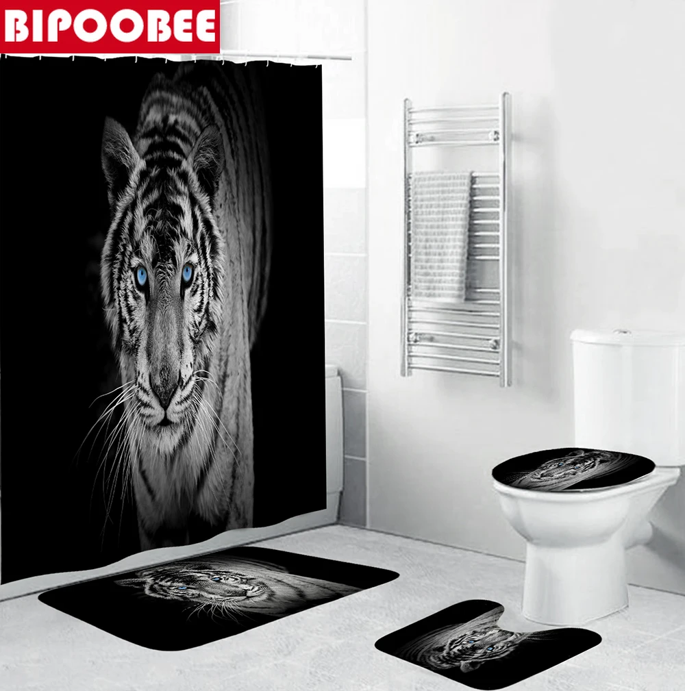 Набор от Завеса за душ с принтом Белия тигър и животни, Черен Екран за баня, устойчива на плъзгане капак на тоалетната чиния, Килими, Постелки за домашен декор