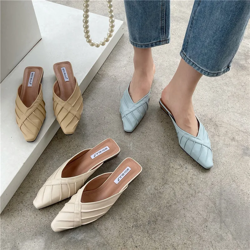 Ниски обувки с остри пръсти, дамски чехли 2023, ежедневни луксозни меки нови нагънат чехли от изкуствена гума, плат за почивка, лаконичен ниски обувки