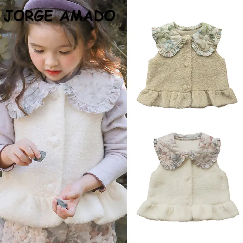 Нова зимна жилетка за малки момичета в корейски стил, абрикосово-бяло, без ръкави, с флорални отложным яка, мек вълнен плат жилетка, детски връхни облекла E723