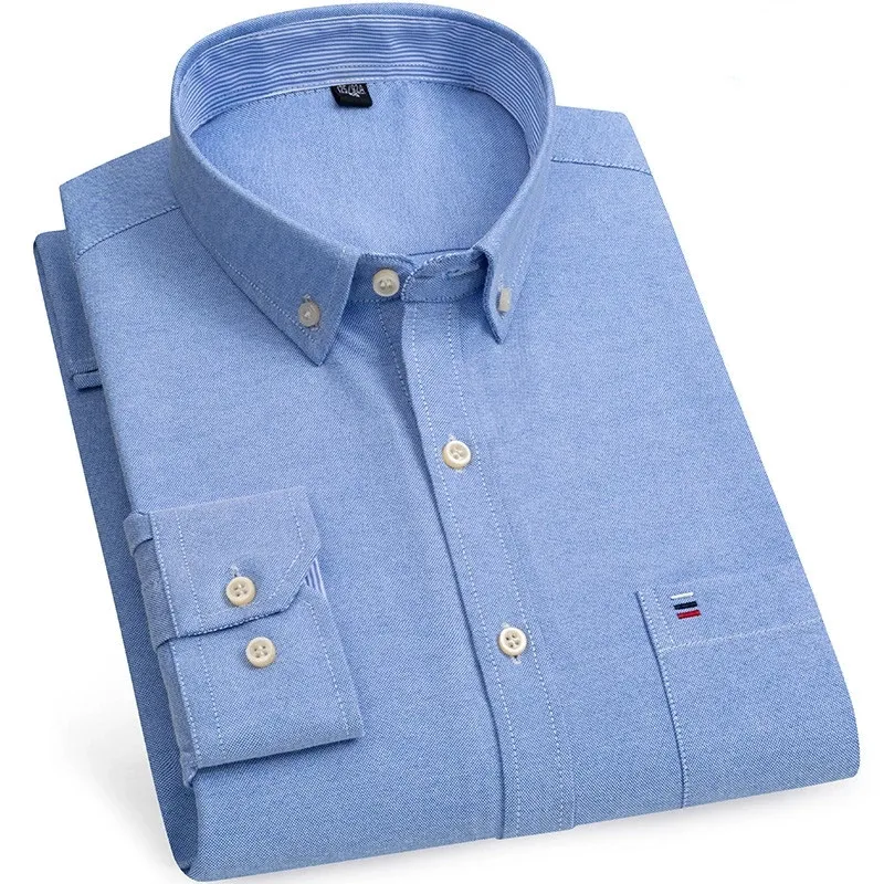 Нова Мъжка риза Оксфорд от Памук S-7XLCotton, Ежедневни Ризи в клетката и райе с дълъг ръкав, Мъжки Работна риза с копчета от джоба на Обикновения Cut