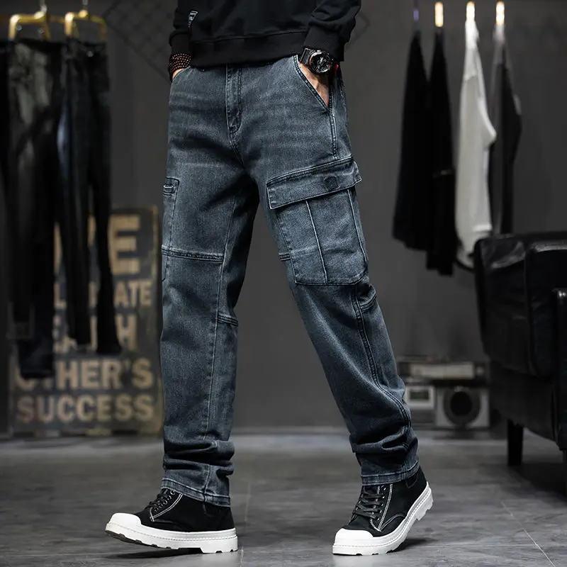 Нова пролет 2023, мъжки широки прави дънки, градинска облекло в стил хип-хоп, реколта модерен панталон с бродерия, широки дънкови панталони E70