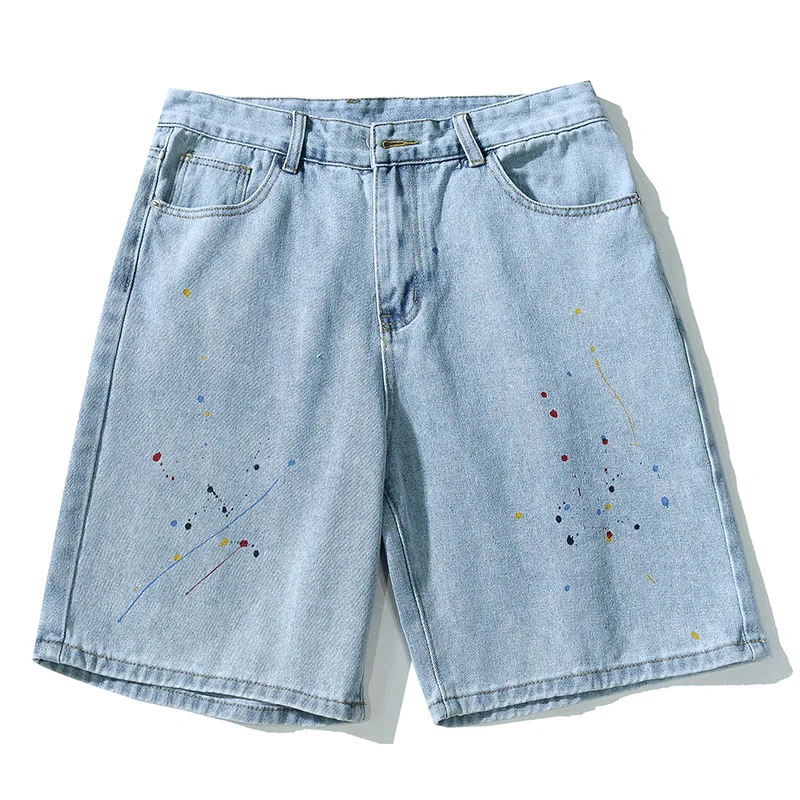 Нови Летни мъжки класически панталони Гадже Harajuku, дънки с перфорации и принтом в стил харадзюку, синьо-бели свободни универсални дневни къси панталони