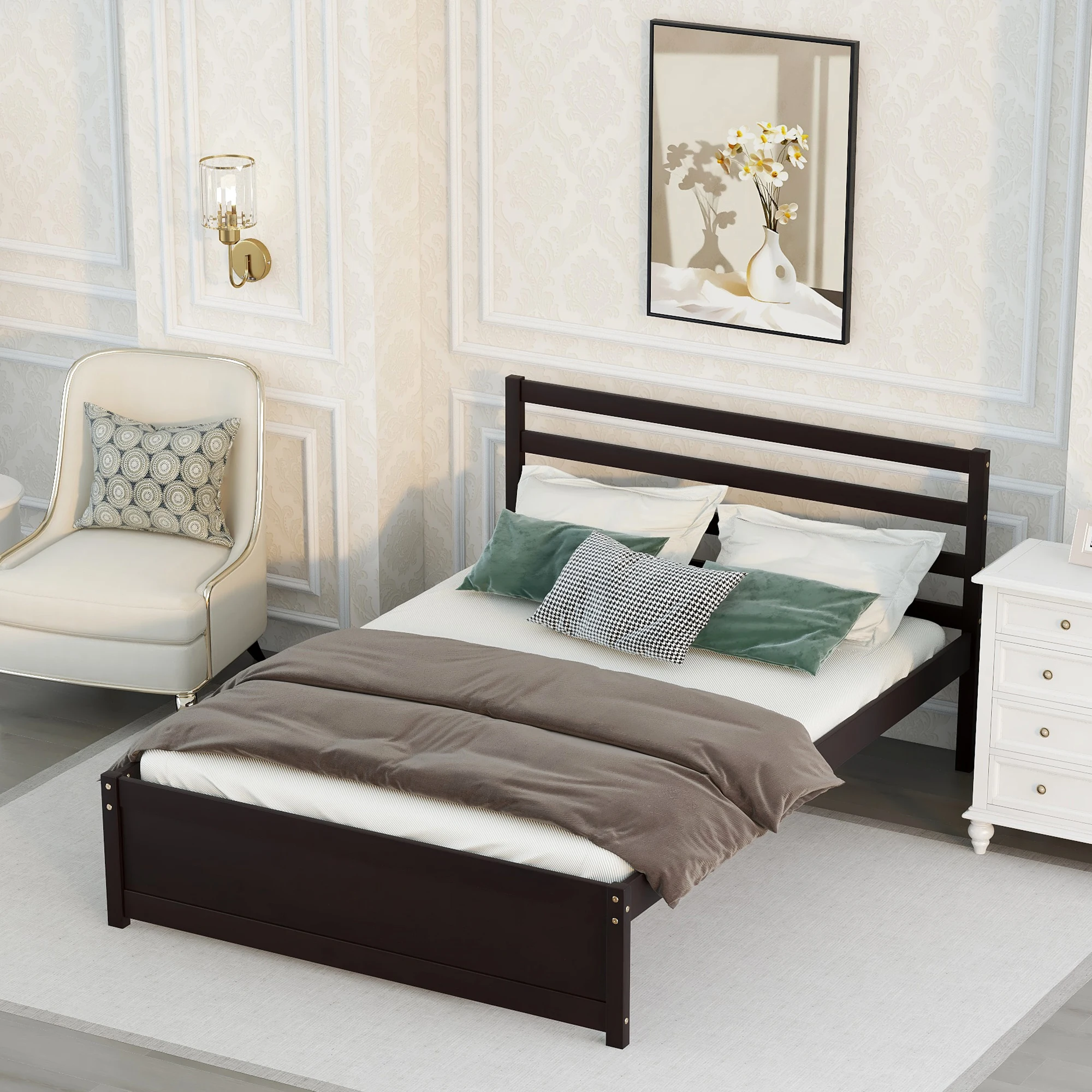 Пълен размер на рамка на легло на дървена платформа с таблата за спални бял цвят Мебели за спалня