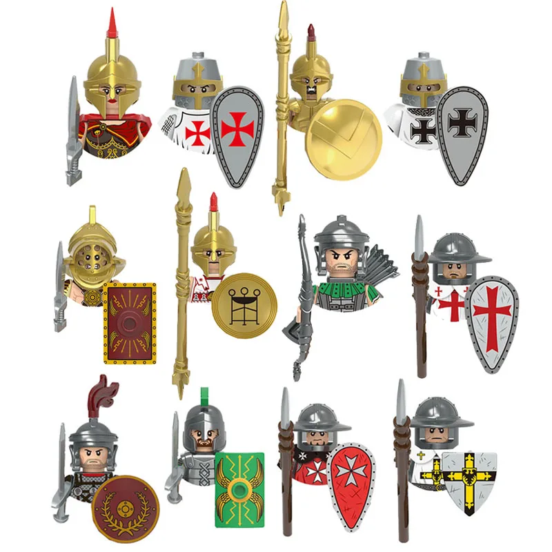 Средновековен римски легион, спартански воини, рицарите-тамплиеры, пехотинци, стрелци, фигурки, строителни блокове, древно оръжие, детска играчка