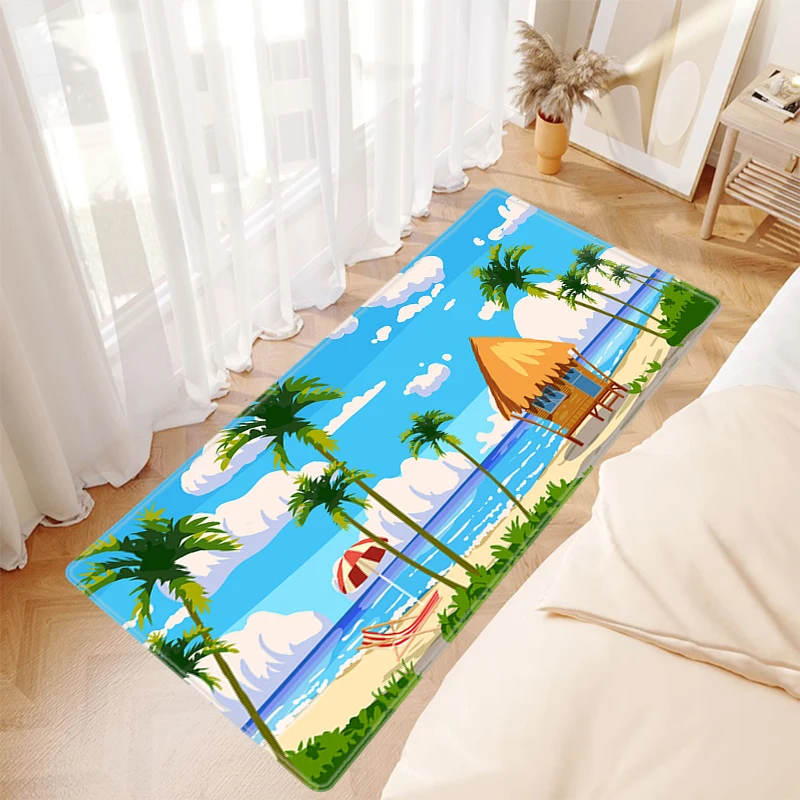 Тропически плаж с палми, изгрев и залез на слънцето, подложка за пода, постелки за баня, произведени по поръчка на килими за хол, подложка за баня, кухненски килим