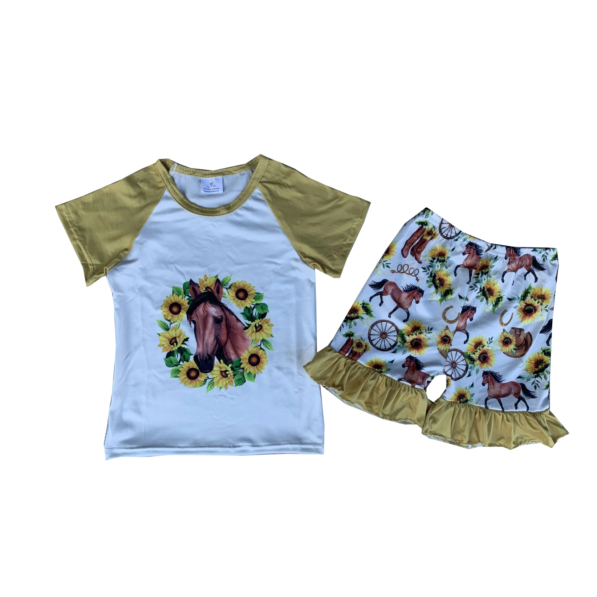 Търговия на едро комплекти за малки момичета, летни шорти с принтом коня и слънчоглед и в западен стил, облекло