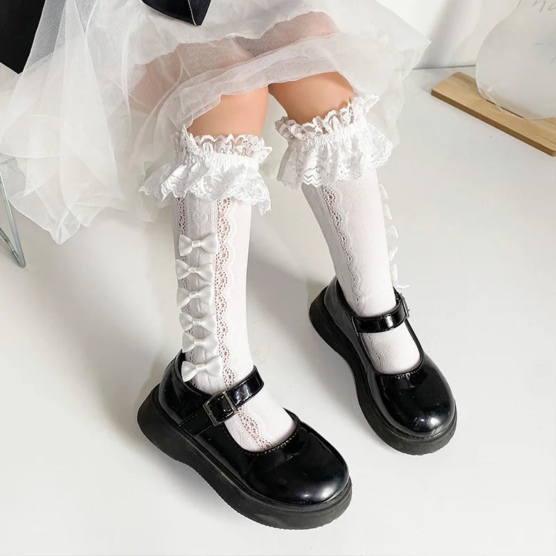 Чорапи принцеса с лък за Малки Момичета, сладки чорапи до коляното свързани с лък и рюшами, бели, черни мрежести чорапи в стил Лолита